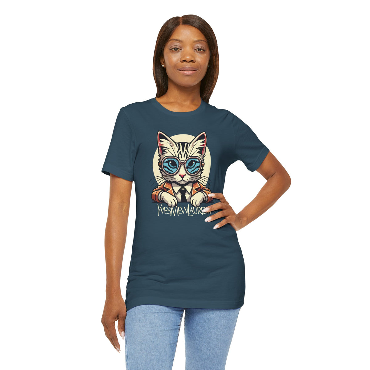 Yves Mew Laurent Cat Boss Tiger Pattern Graphic T-Shirt in deep teal, worn by a female model