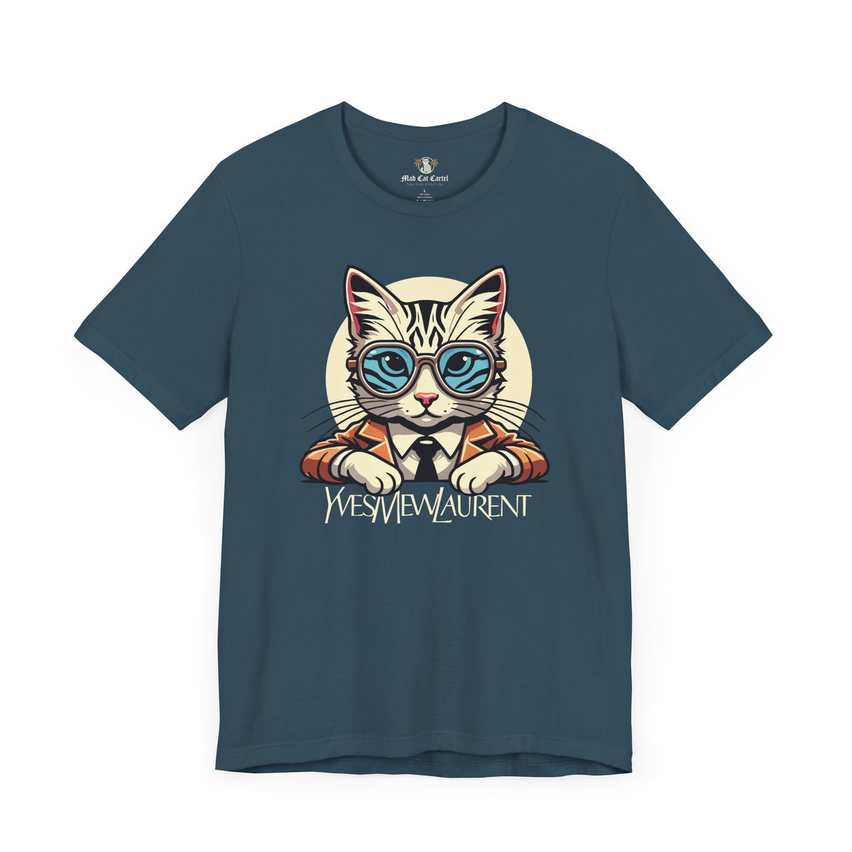Yves Mew Laurent Cat Boss Tiger Pattern Graphic T-Shirt in deep teal, flat lay