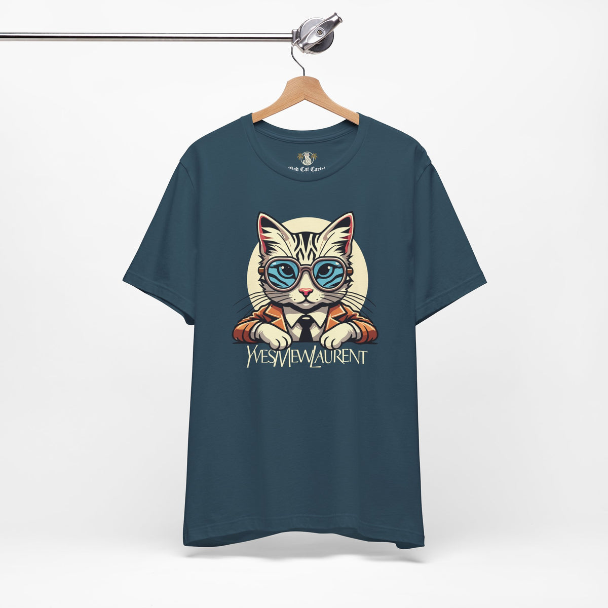 Yves Mew Laurent Cat Boss Tiger Pattern Graphic T-Shirt in deep teal, on a hanger