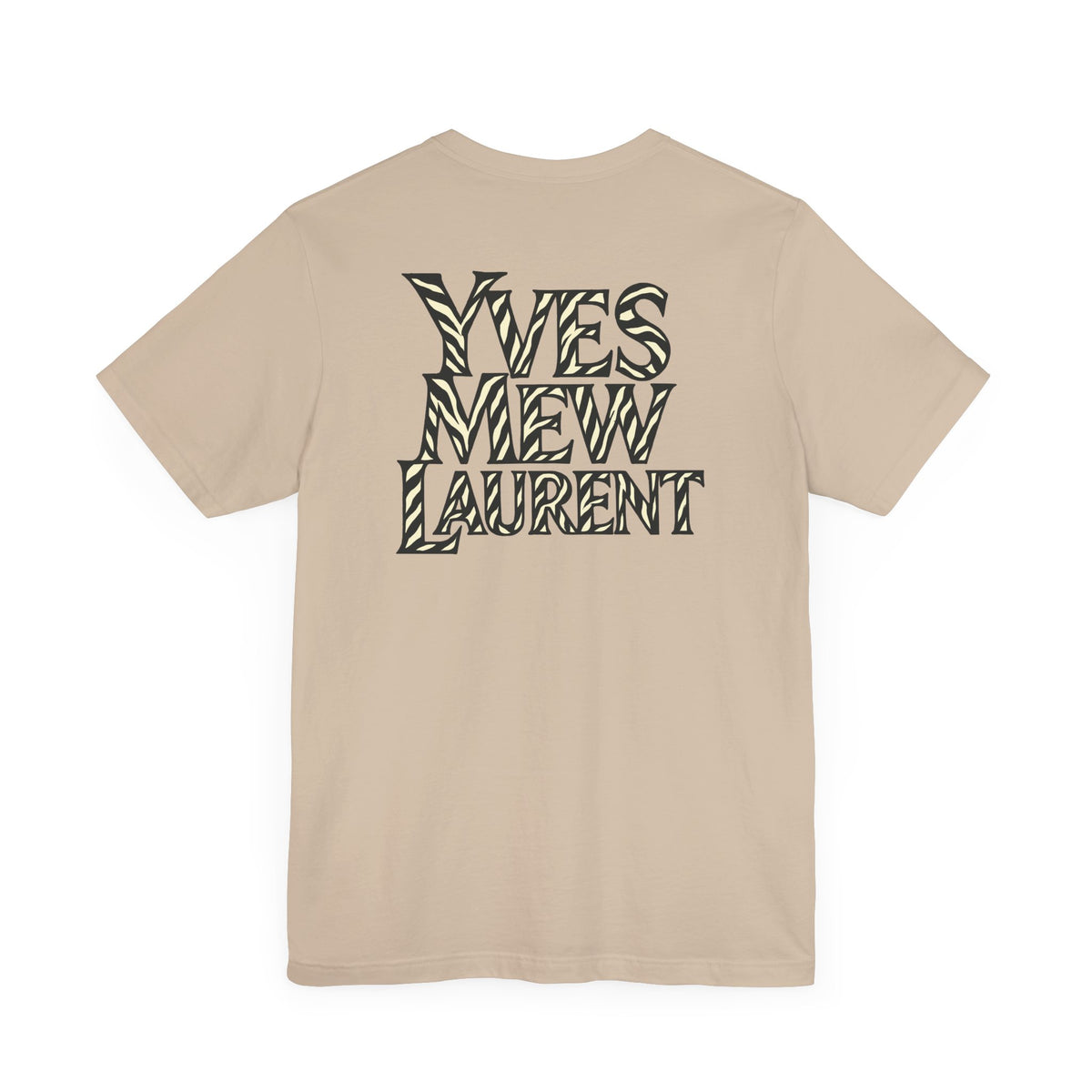 Yves Mew Laurent Cat Boss Tiger Pattern Graphic T-Shirt in tan, back view