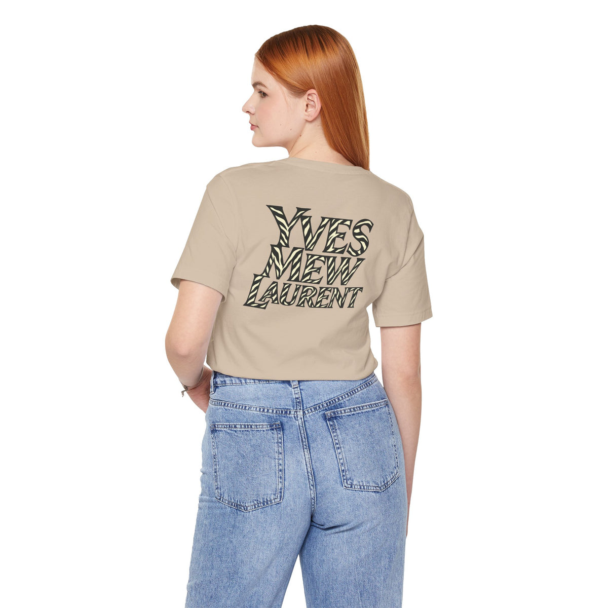 Yves Mew Laurent Cat Boss Tiger Pattern Graphic T-Shirt in tan, back view on a female model