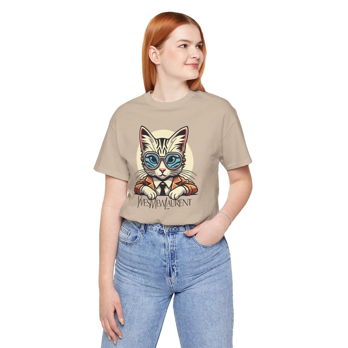 Yves Mew Laurent Cat Boss Tiger Pattern Graphic T-Shirt in tan, worn by a female model