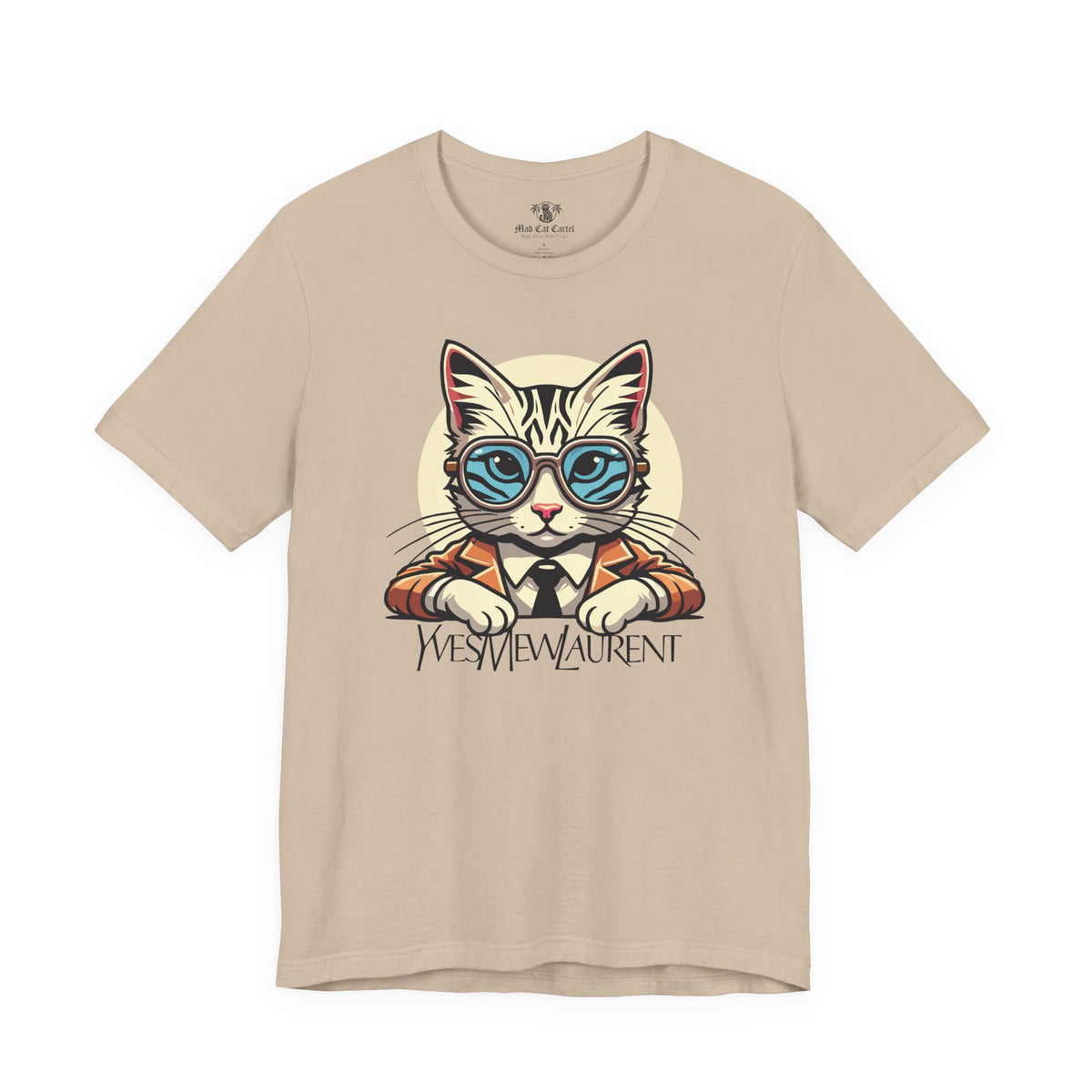 Yves Mew Laurent Cat Boss Tiger Pattern Graphic T-Shirt in tan, flat lay