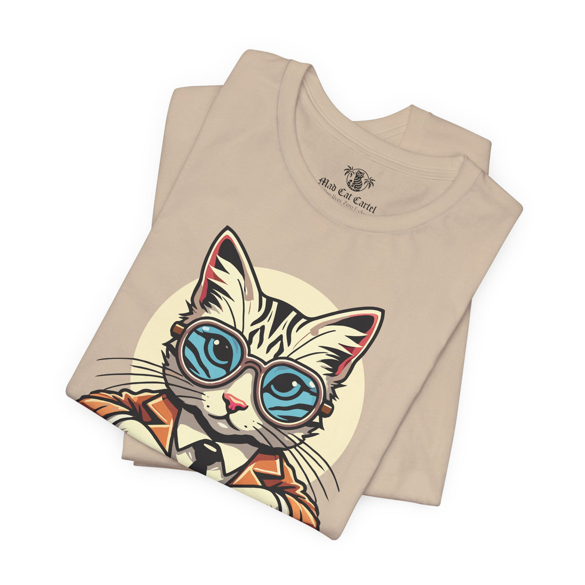 Yves Mew Laurent Cat Boss Tiger Pattern Graphic T-Shirt in tan, folded