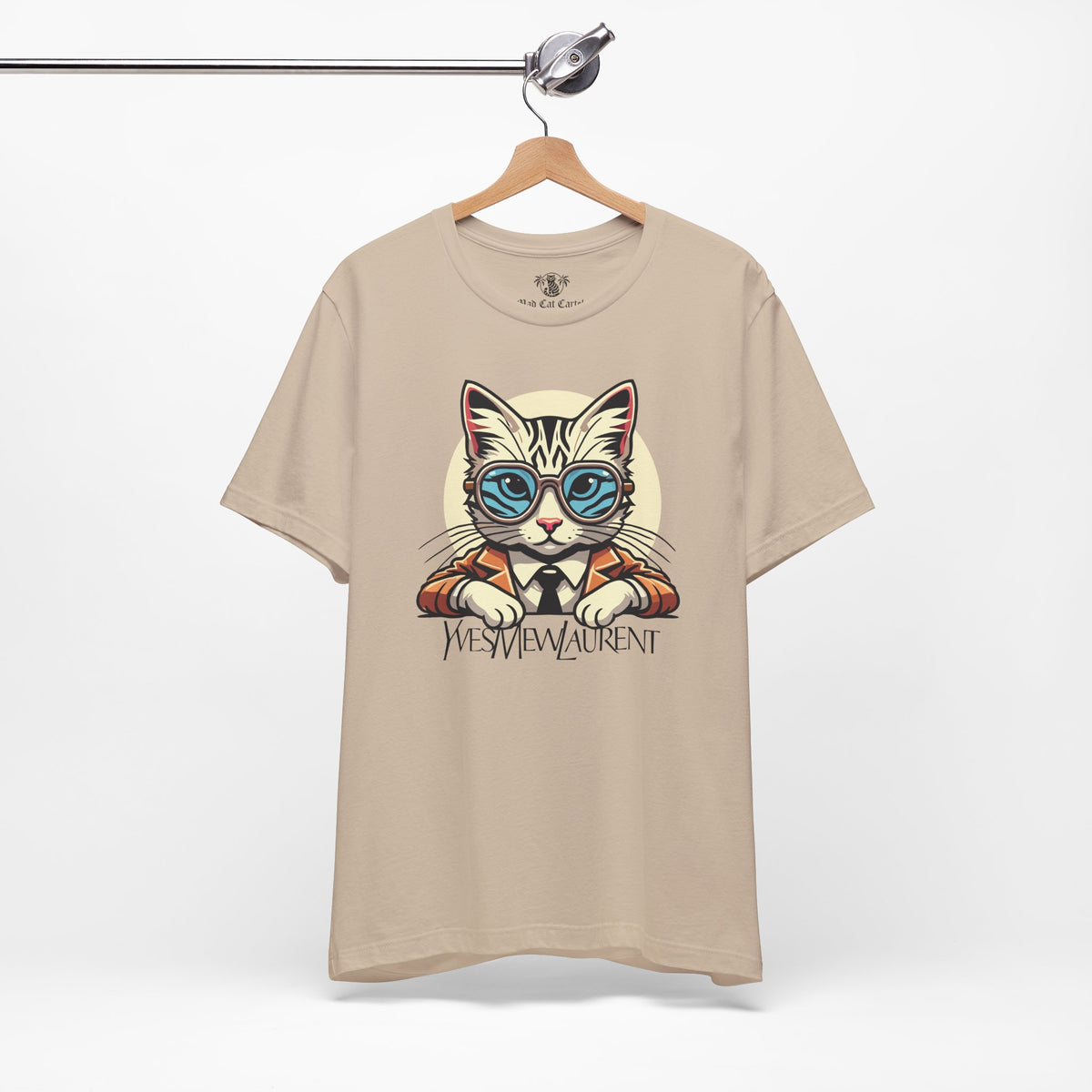 Yves Mew Laurent Cat Boss Tiger Pattern Graphic T-Shirt in tan, on a hanger