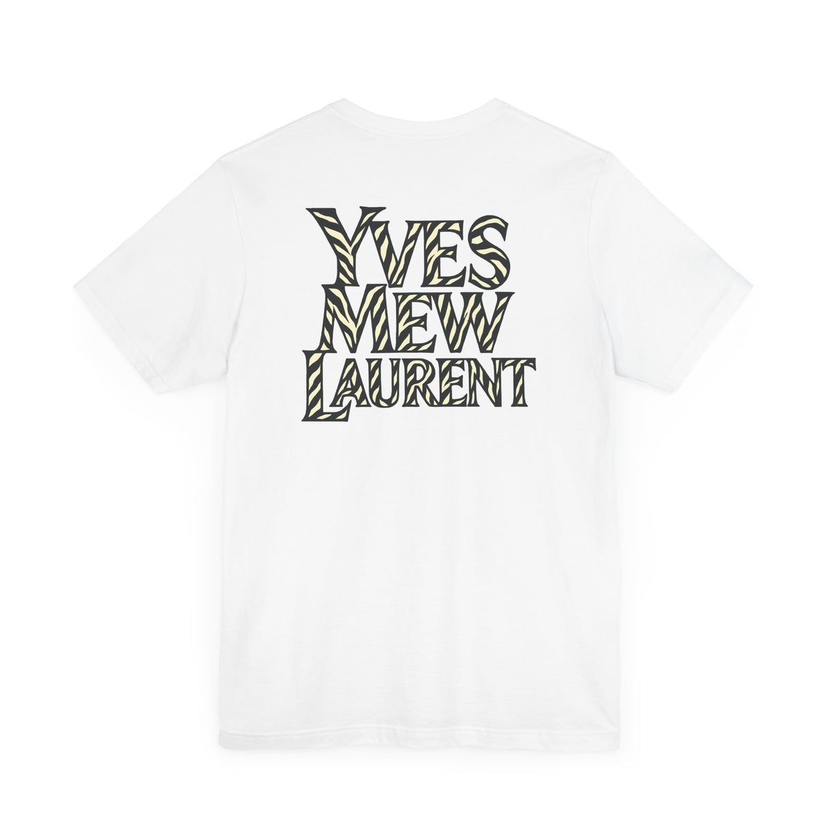 Yves Mew Laurent Cat Boss Tiger Pattern Graphic T-Shirt in white, back view