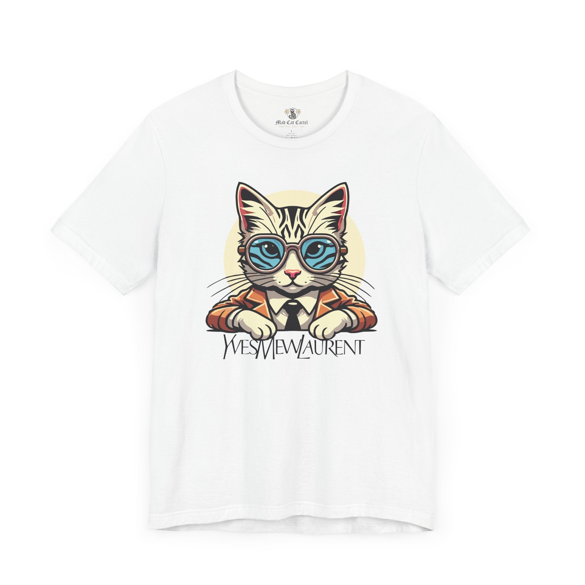Yves Mew Laurent Cat Boss Tiger Pattern Graphic T-Shirt in white, flat lay