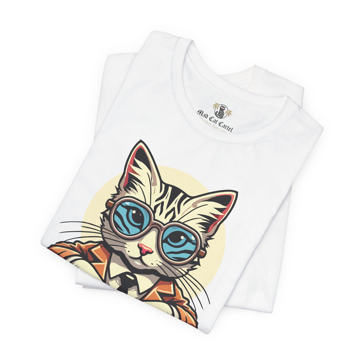 Yves Mew Laurent Cat Boss Tiger Pattern Graphic T-Shirt in white, folded