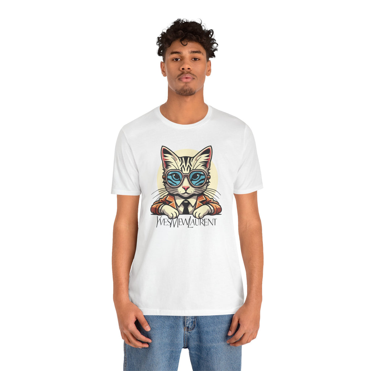 Yves Mew Laurent Cat Boss Tiger Pattern Graphic T-Shirt in white, worn by a male model