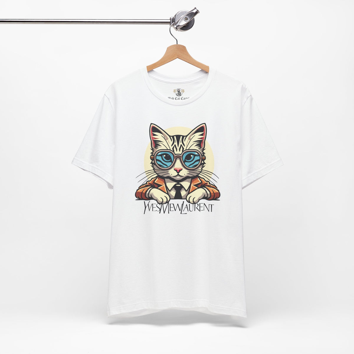 Yves Mew Laurent Cat Boss Tiger Pattern Graphic T-Shirt in white, on a hanger