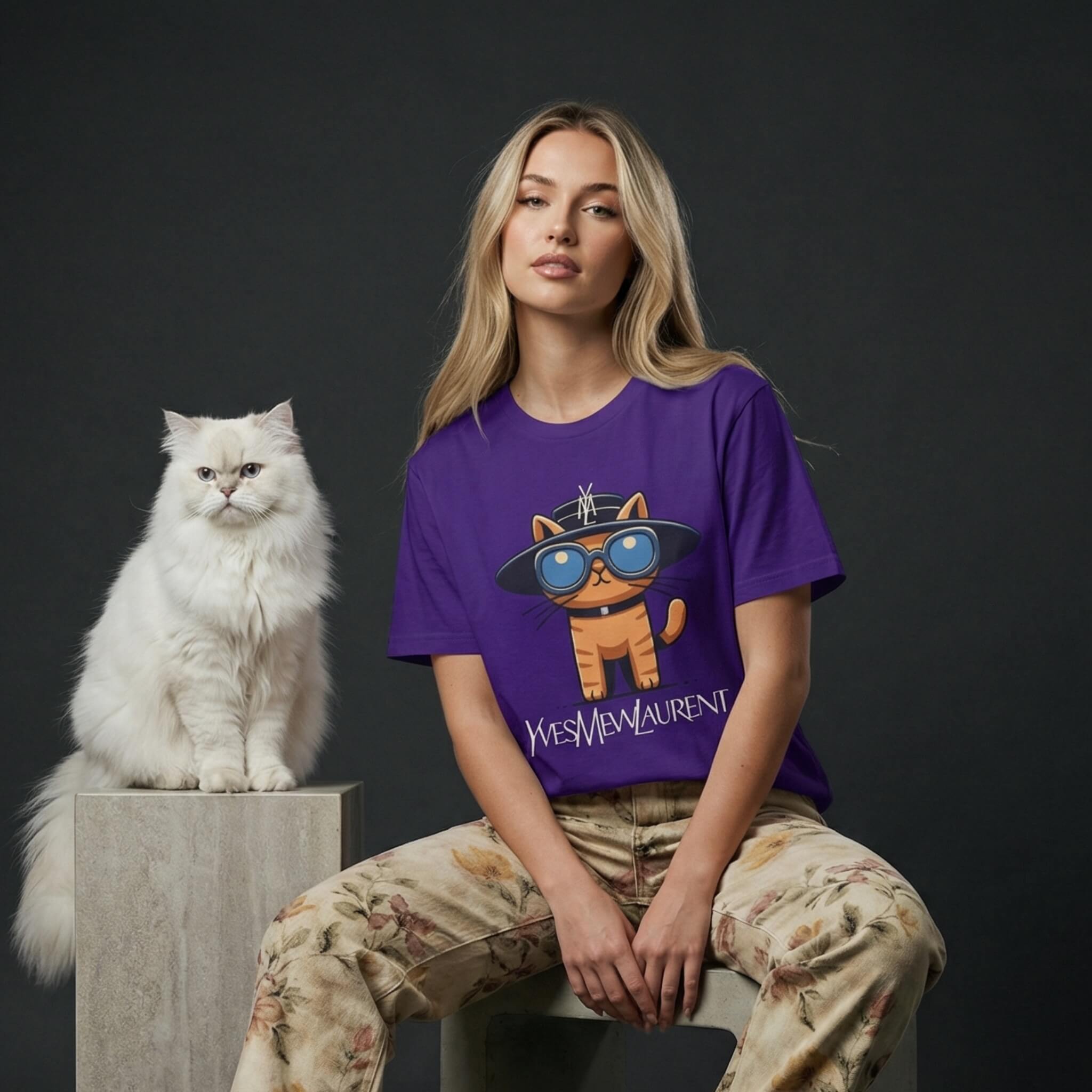 female model wearing Yves Mew Laurent designer parody cat tee by Mad Cat Cartel in purple with white fluffy cat