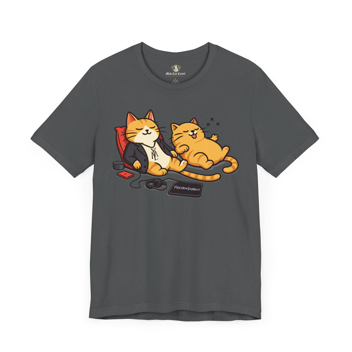 Yves Mew Laurent Chill Cats Cartoon Graphic T-Shirt in asphalt, front view