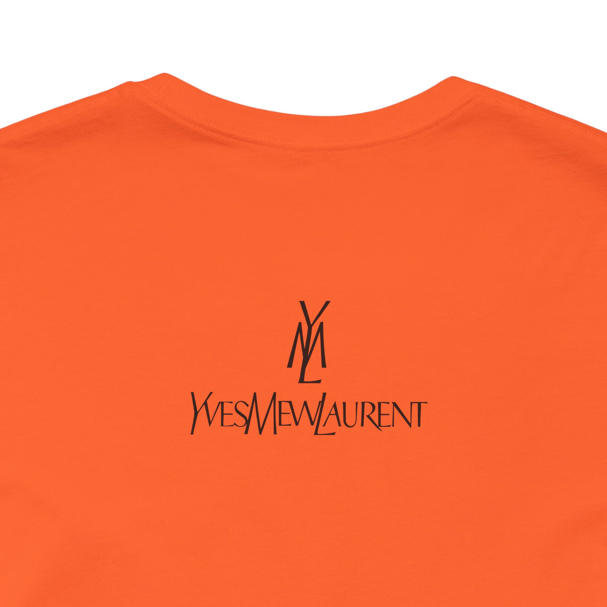 Yves Mew Laurent Chill Cats Cartoon Graphic T-Shirt in orange, close-up of the back print