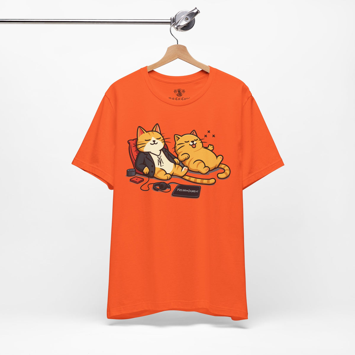 Yves Mew Laurent Chill Cats Cartoon Graphic T-Shirt in orange, on a hanger