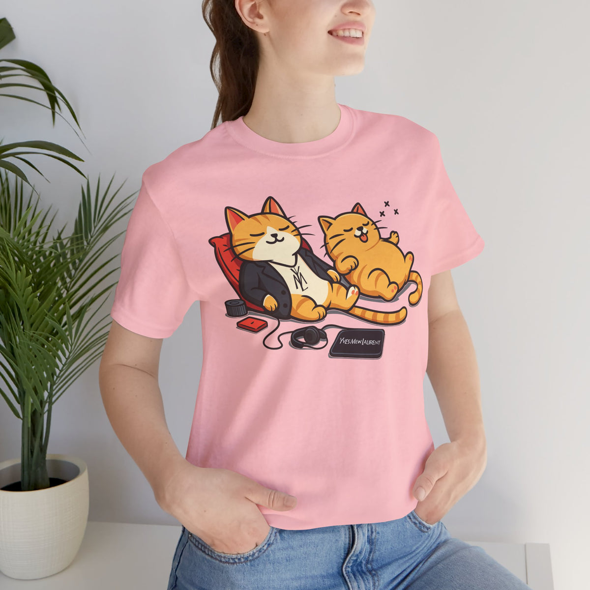 Yves Mew Laurent Chill Cats Cartoon Graphic T-Shirt in pink, worn by a female model