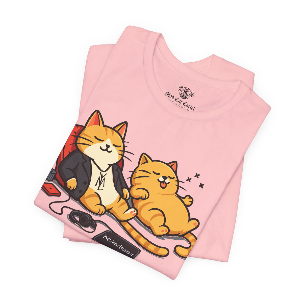 Yves Mew Laurent Chill Cats Cartoon Graphic T-Shirt in pink, folded