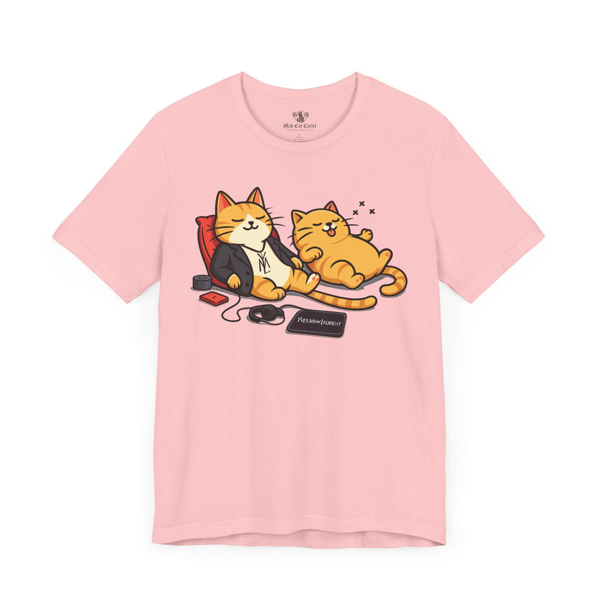 Yves Mew Laurent Chill Cats Cartoon Graphic T-Shirt in pink, front view