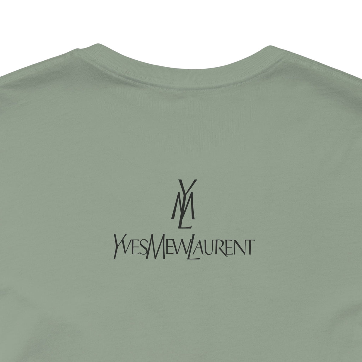 Yves Mew Laurent Chill Cats Cartoon Graphic T-Shirt in sage, close-up of the back print