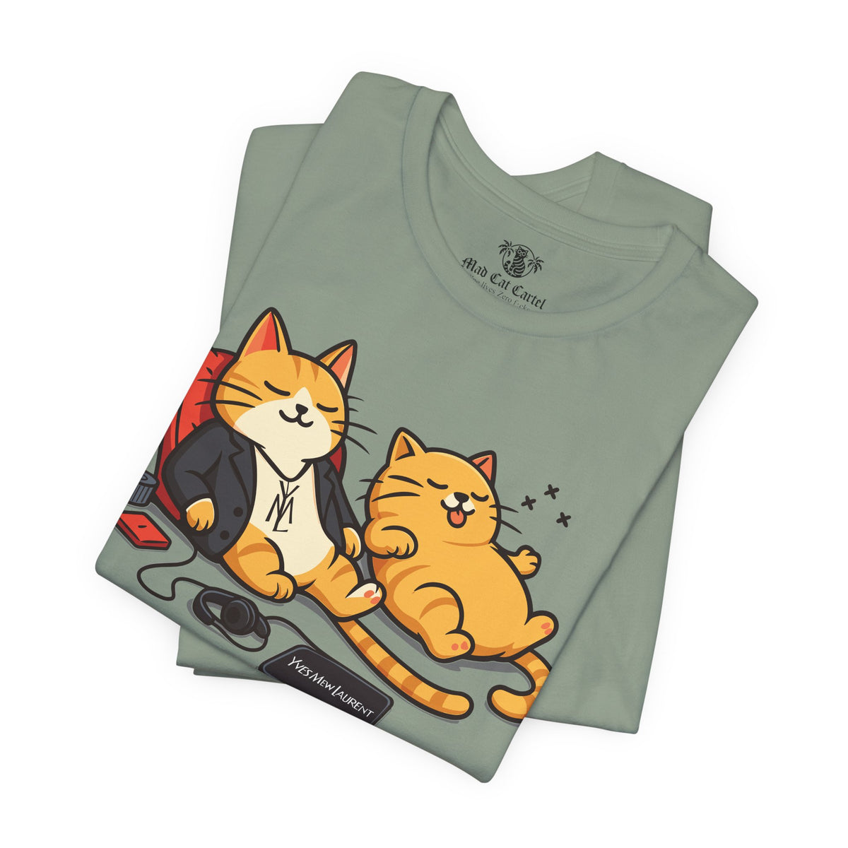 Yves Mew Laurent Chill Cats Cartoon Graphic T-Shirt in sage, folded