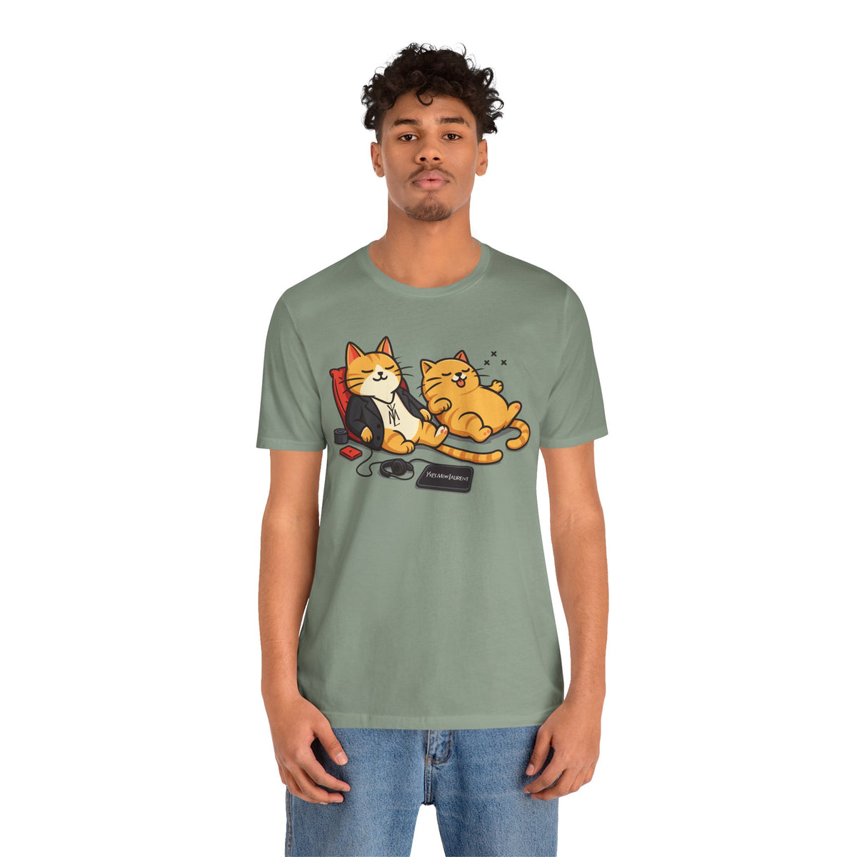 Yves Mew Laurent Chill Cats Cartoon Graphic T-Shirt in sage, worn by a male model