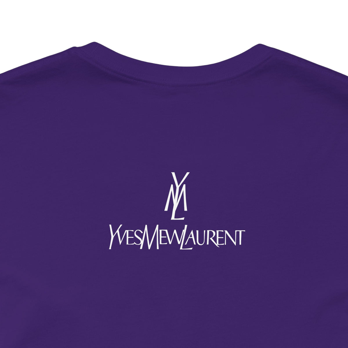Yves Mew Laurent Chill Cats Cartoon Graphic T-Shirt in team purple, close-up of the back print