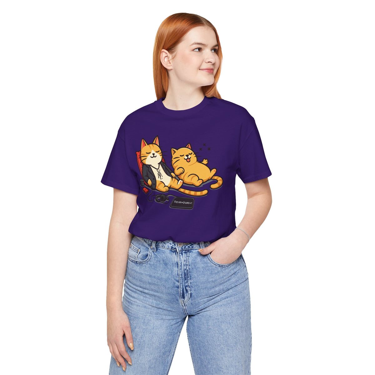 Yves Mew Laurent Chill Cats Cartoon Graphic T-Shirt in team purple, worn by a female model