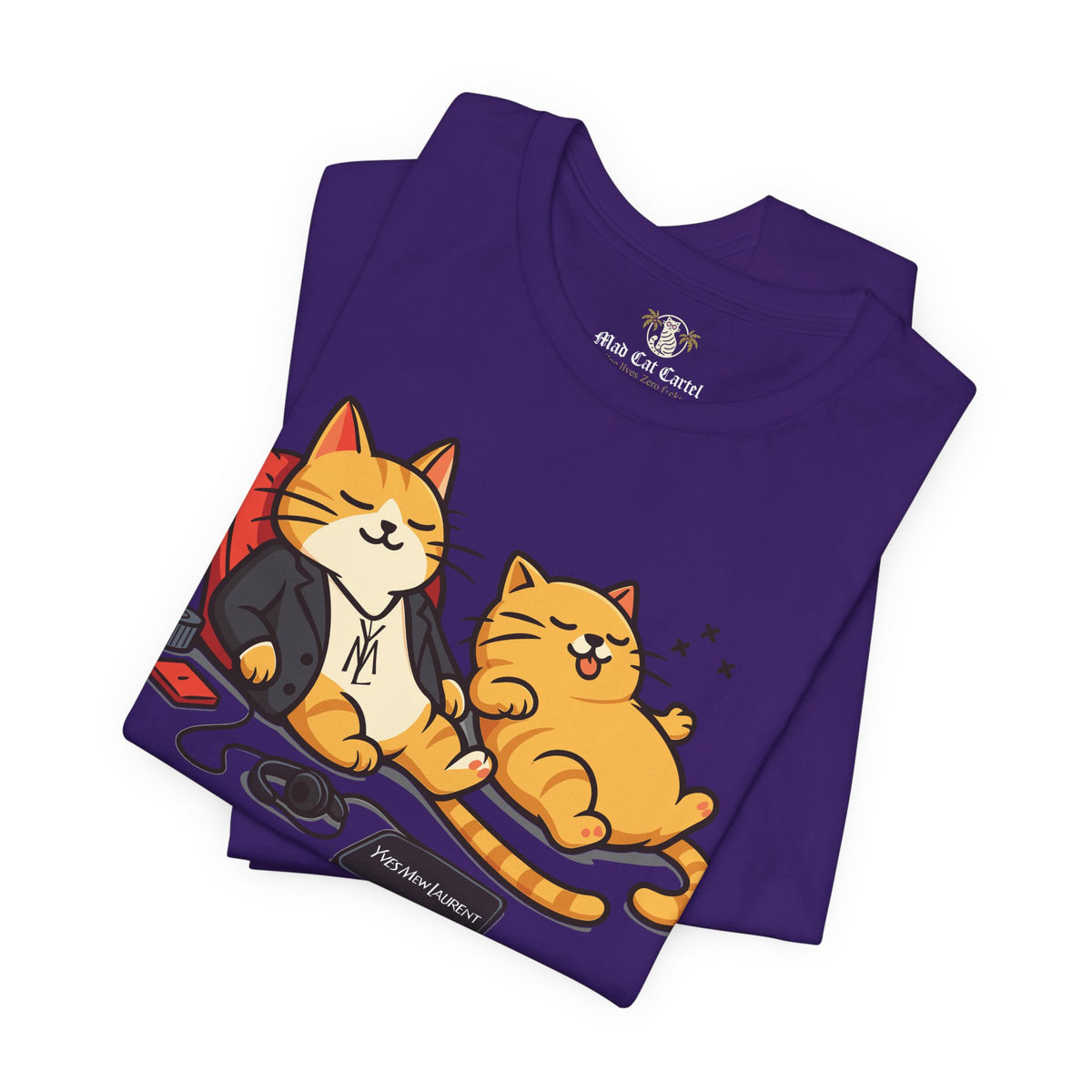 Yves Mew Laurent Chill Cats Cartoon Graphic T-Shirt in team purple, folded