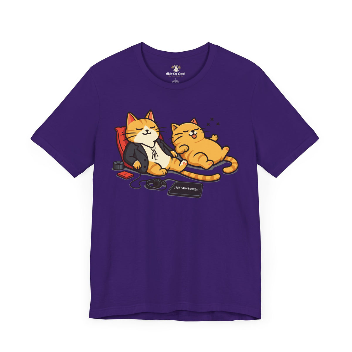 Yves Mew Laurent Chill Cats Cartoon Graphic T-Shirt in team purple, front view