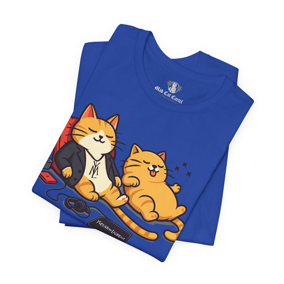 Yves Mew Laurent Chill Cats Cartoon Graphic T-Shirt in true royal, folded