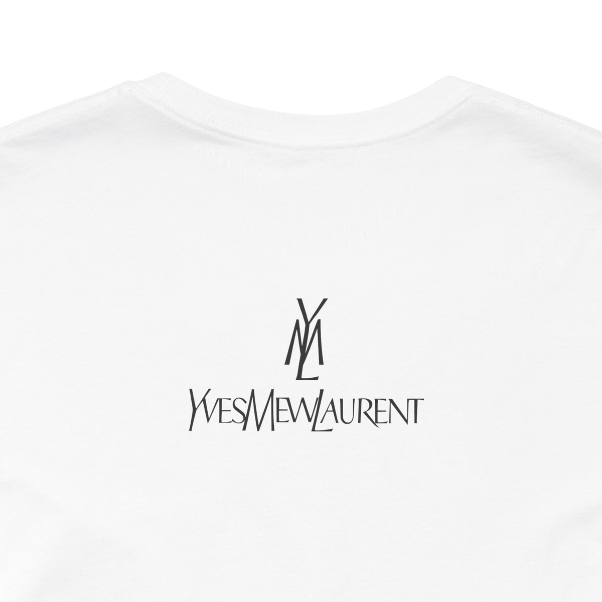 Yves Mew Laurent Chill Cats Cartoon Graphic T-Shirt in white, close-up of the back print