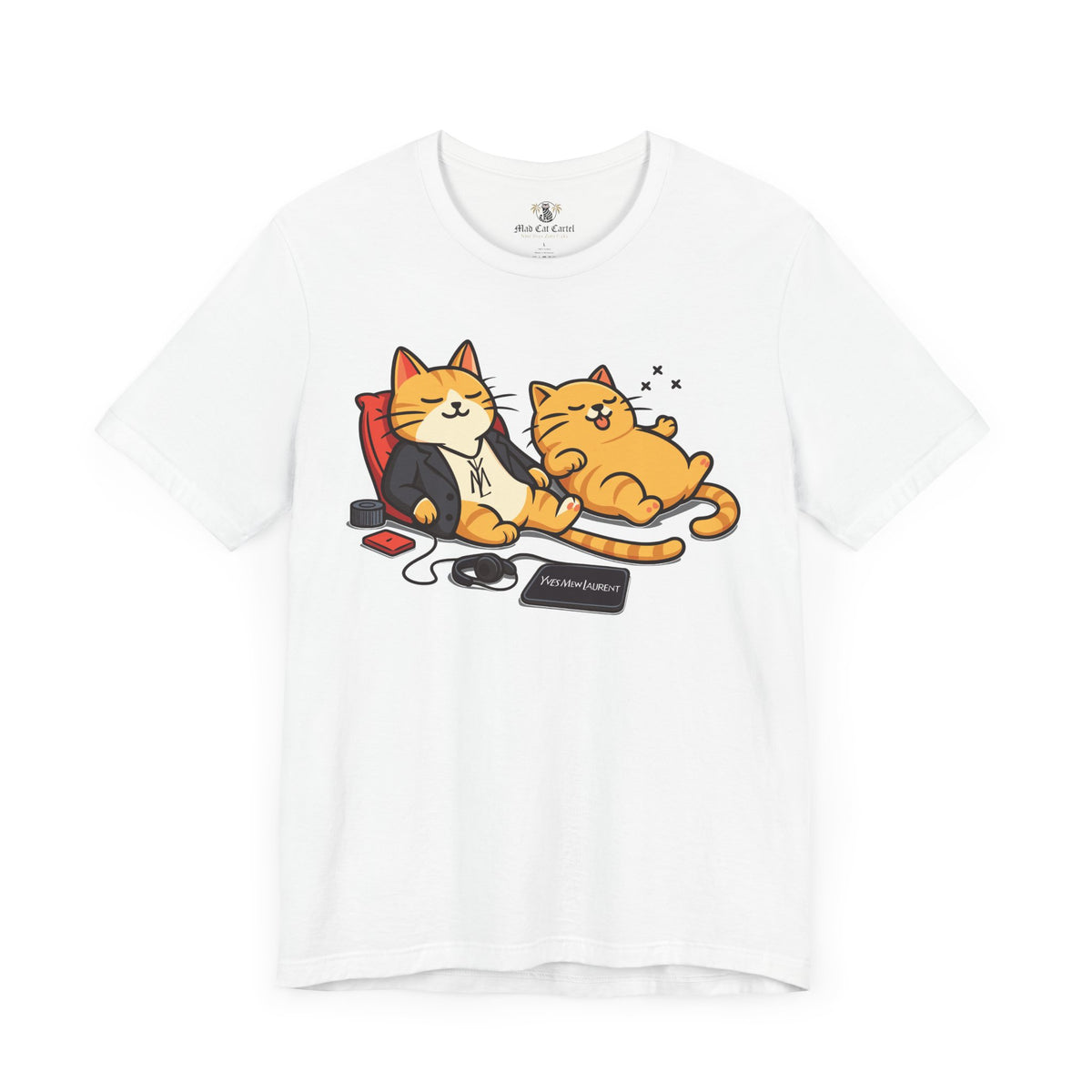 Yves Mew Laurent Chill Cats Cartoon Graphic T-Shirt in white, front view