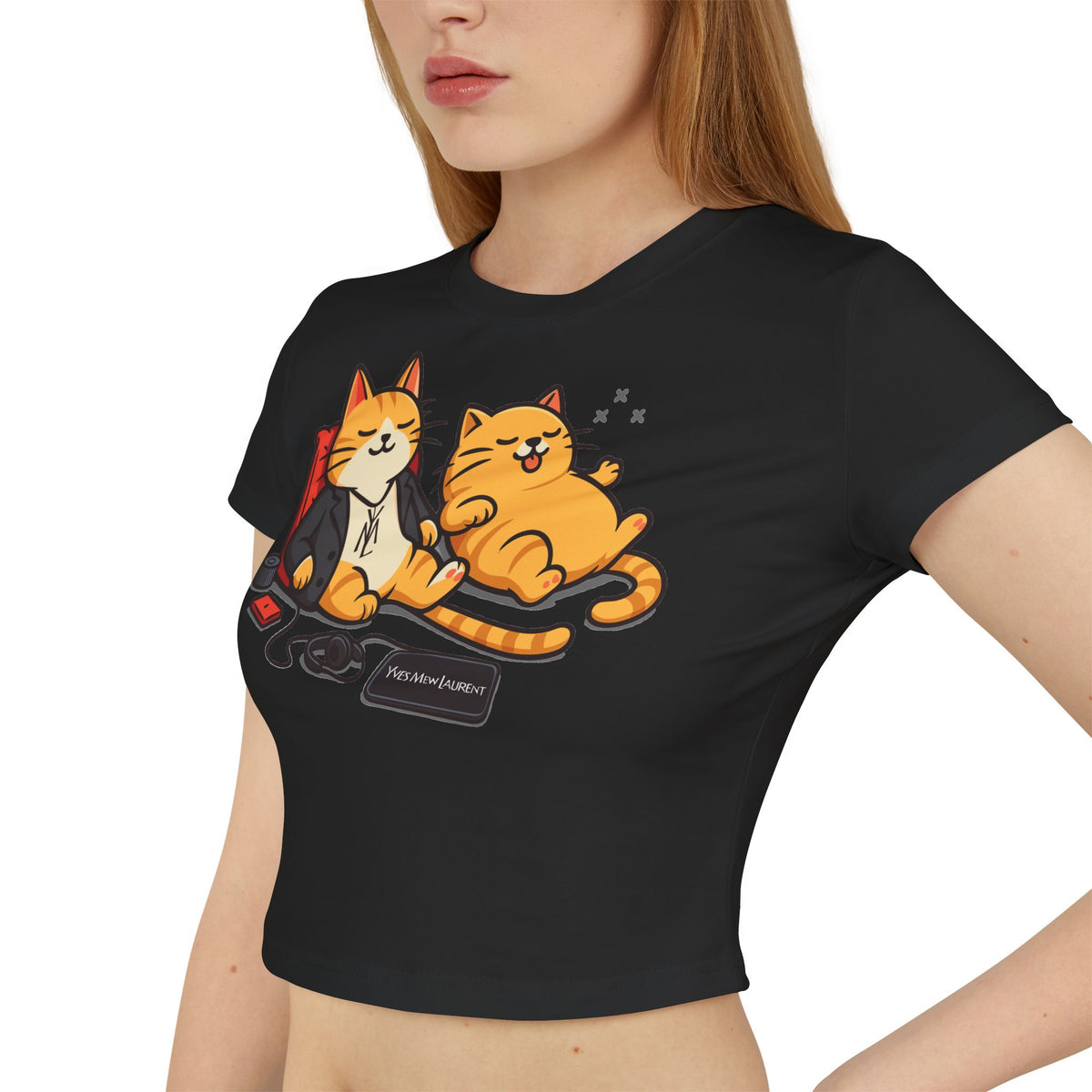 Yves Mew Laurent Chill Cats Cartoon Graphic Women's Baby Tee in black, worn by a female model