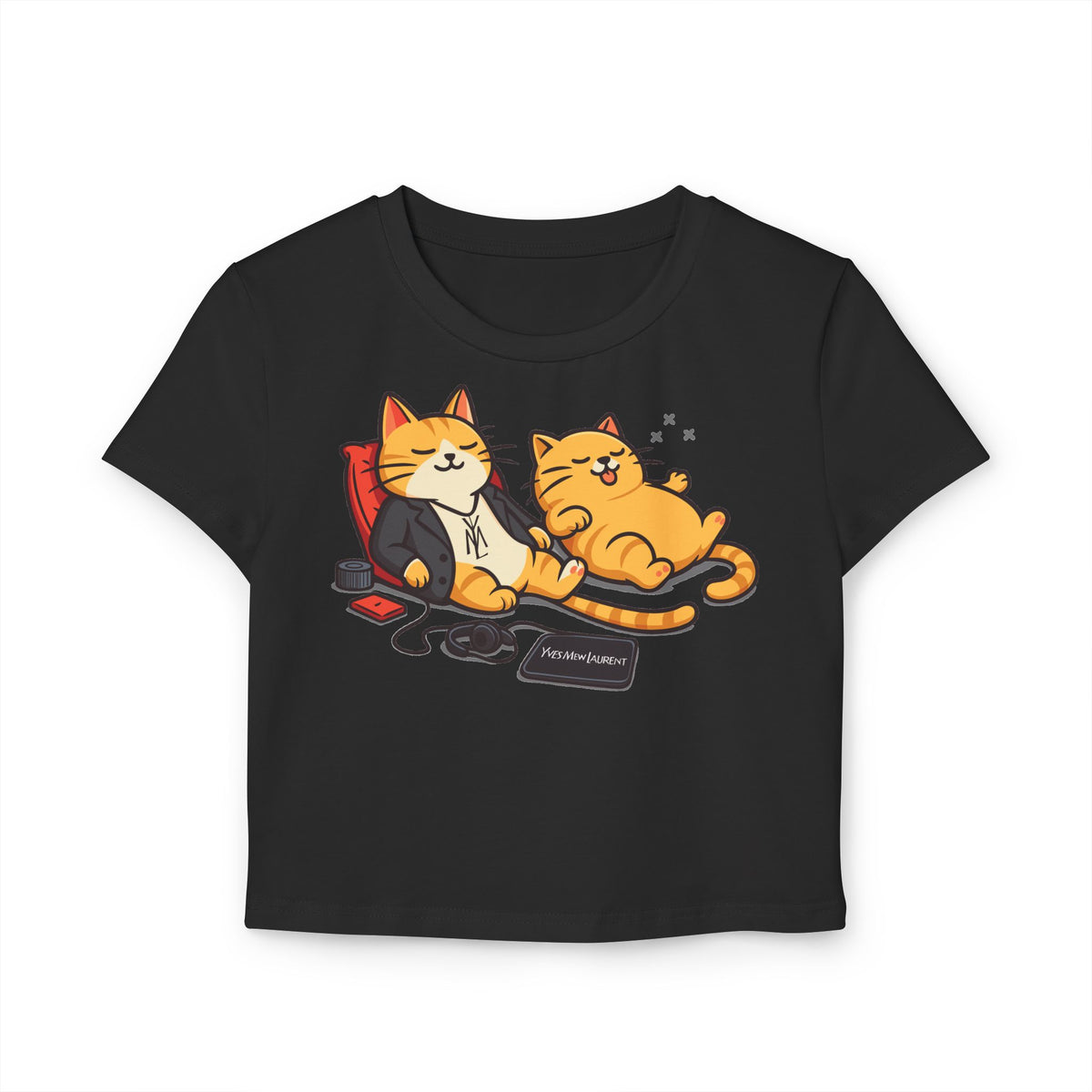 Yves Mew Laurent Chill Cats Cartoon Graphic Women's Baby Tee in black, front view