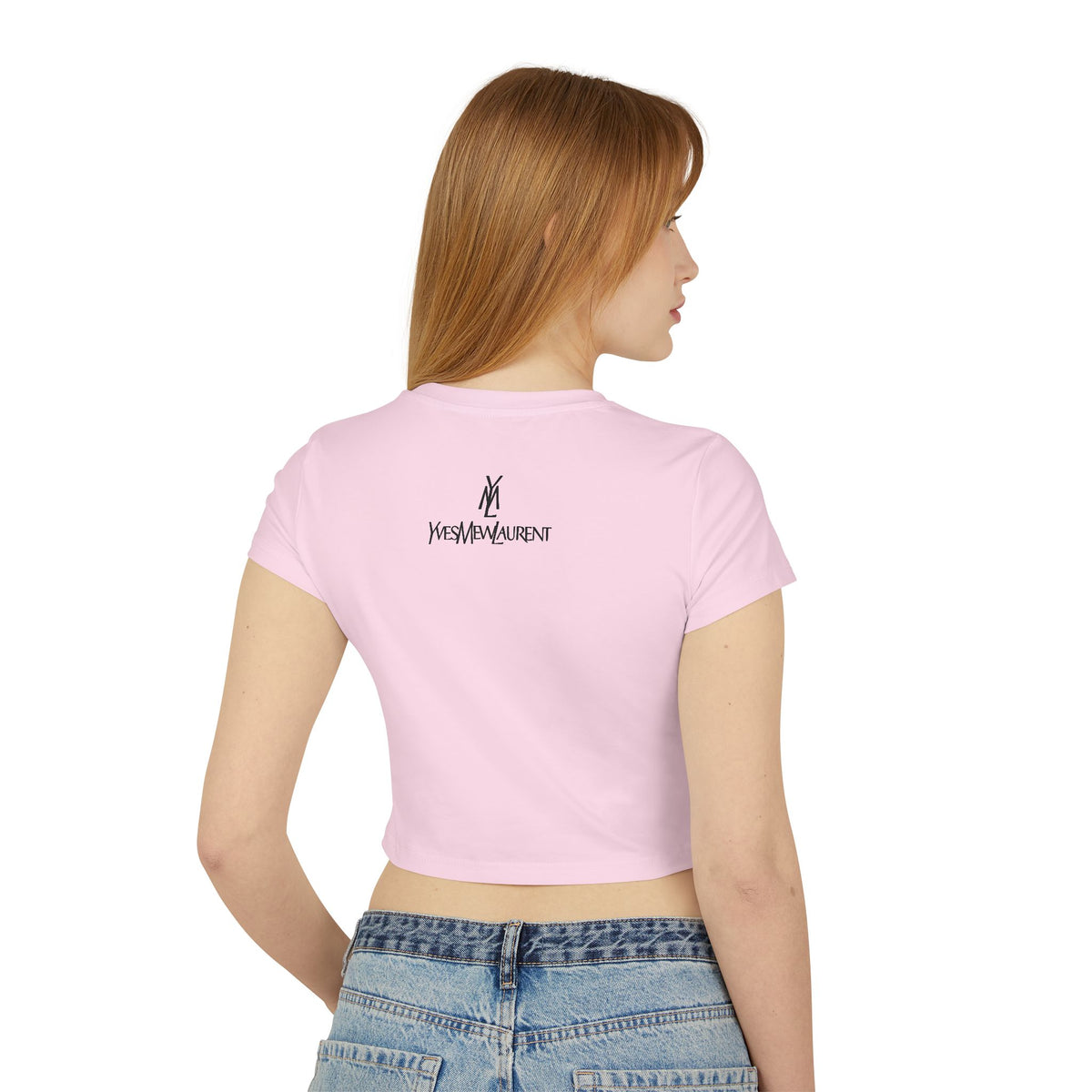 Yves Mew Laurent Chill Cats Cartoon Graphic Women's Baby Tee in light pink, back view on a female model