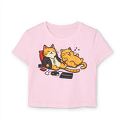 Yves Mew Laurent Chill Cats Cartoon Graphic Women's Baby Tee in light pink, front view