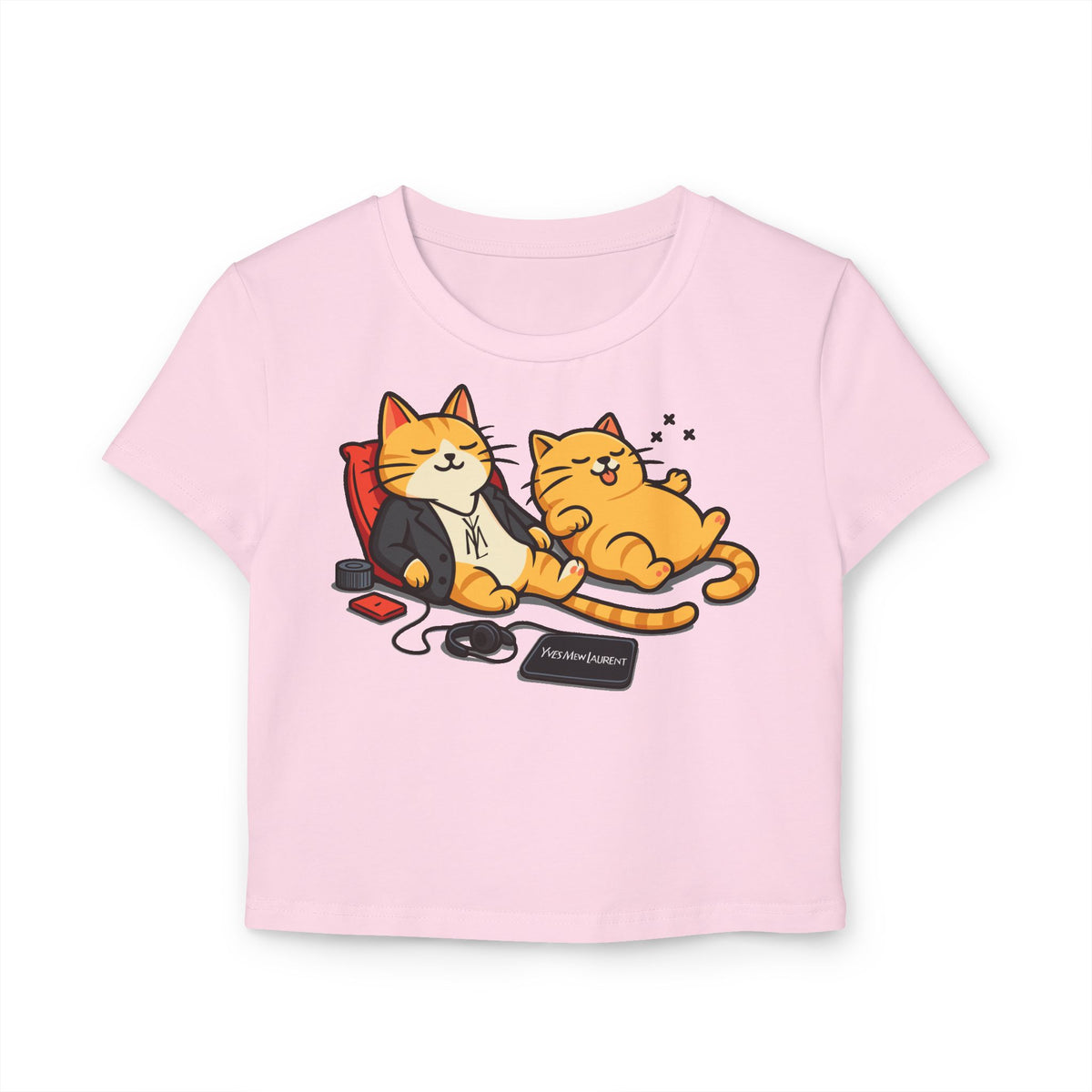 Yves Mew Laurent Chill Cats Cartoon Graphic Women's Baby Tee in light pink, front view