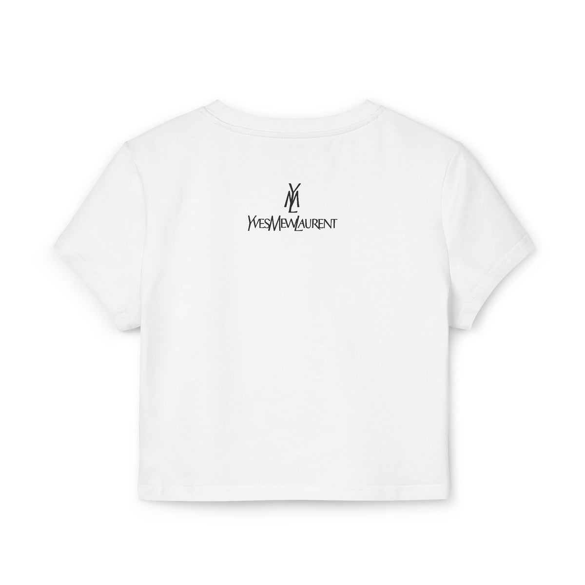 Yves Mew Laurent Chill Cats Cartoon Graphic Women's Baby Tee in white, back view