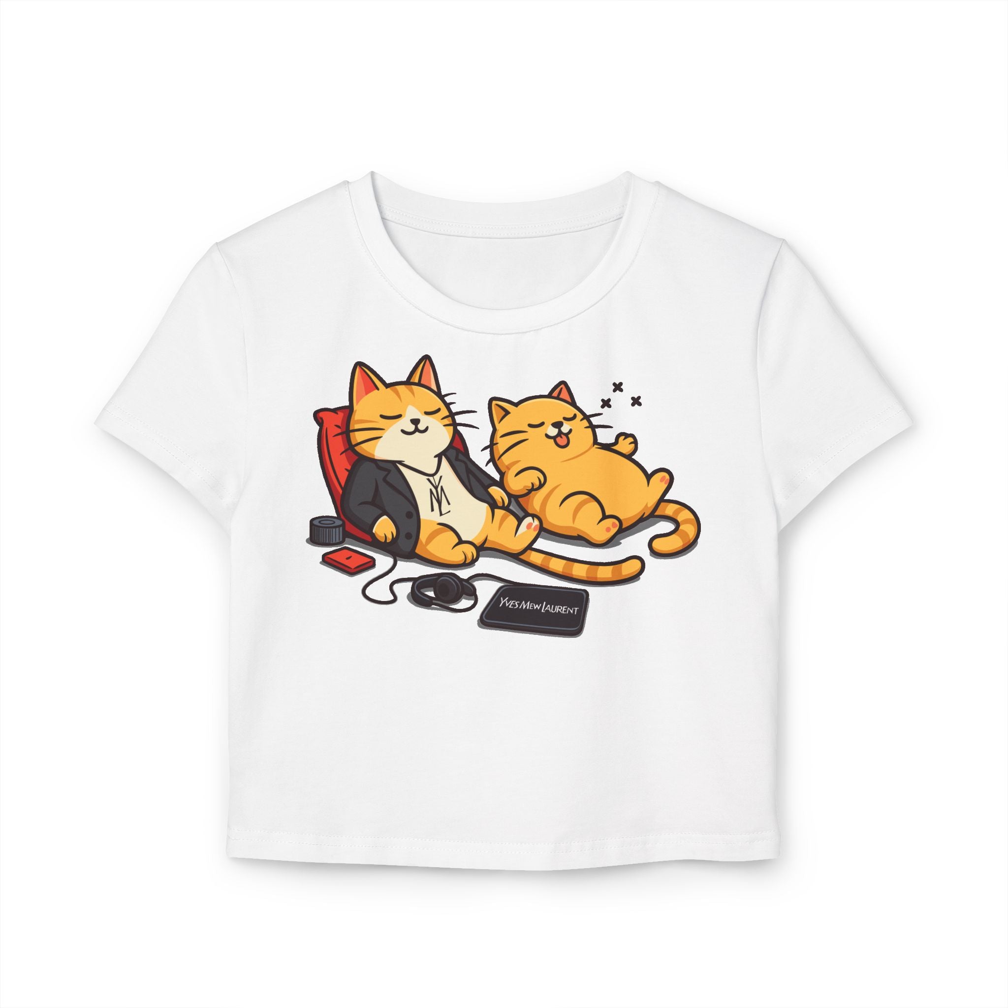 Yves Mew Laurent Chill Cats Cartoon Graphic Women's Baby Tee in white, front view