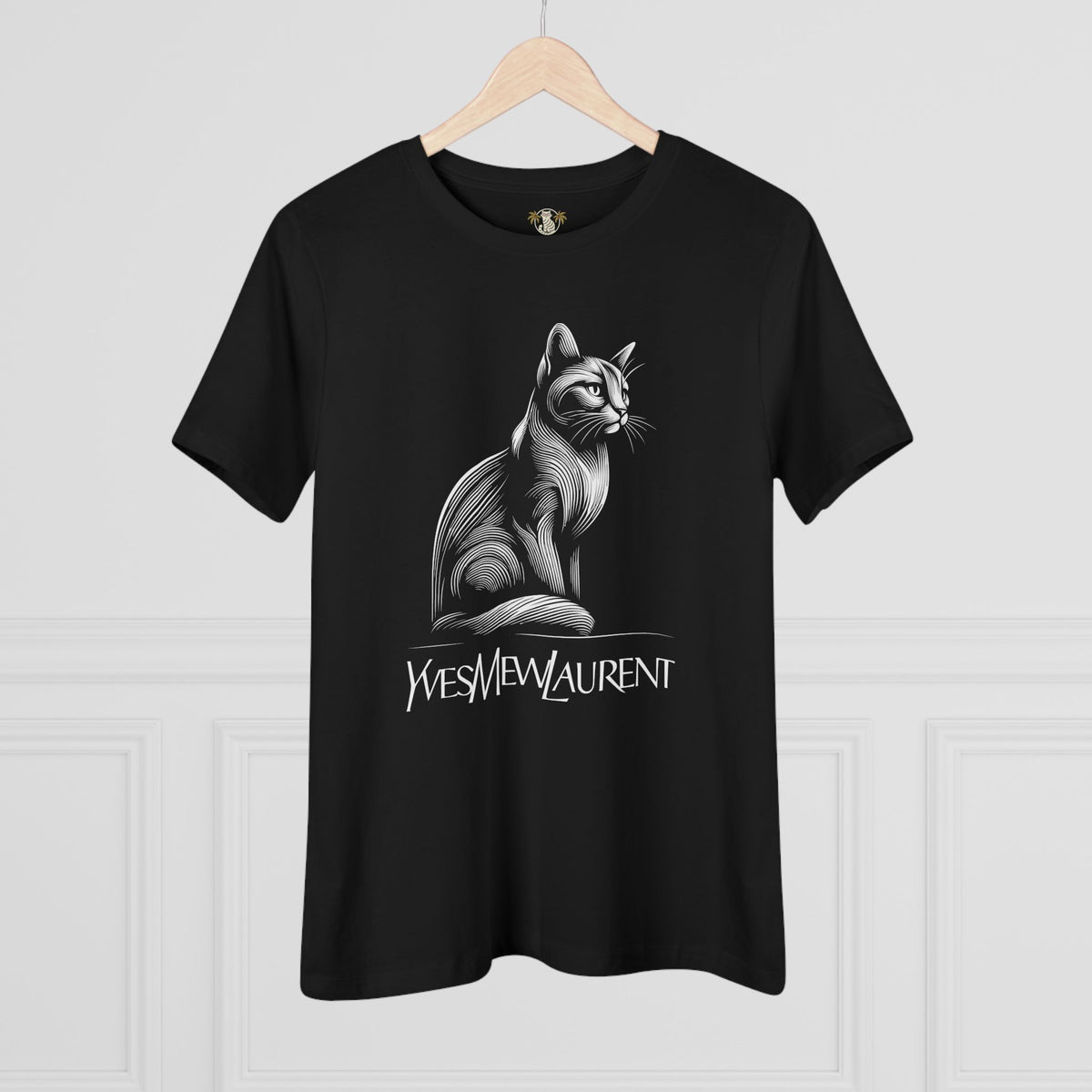 Yves Mew Laurent Elegant Line Art Cat Graphic Women's T-Shirt in black, on a hanger