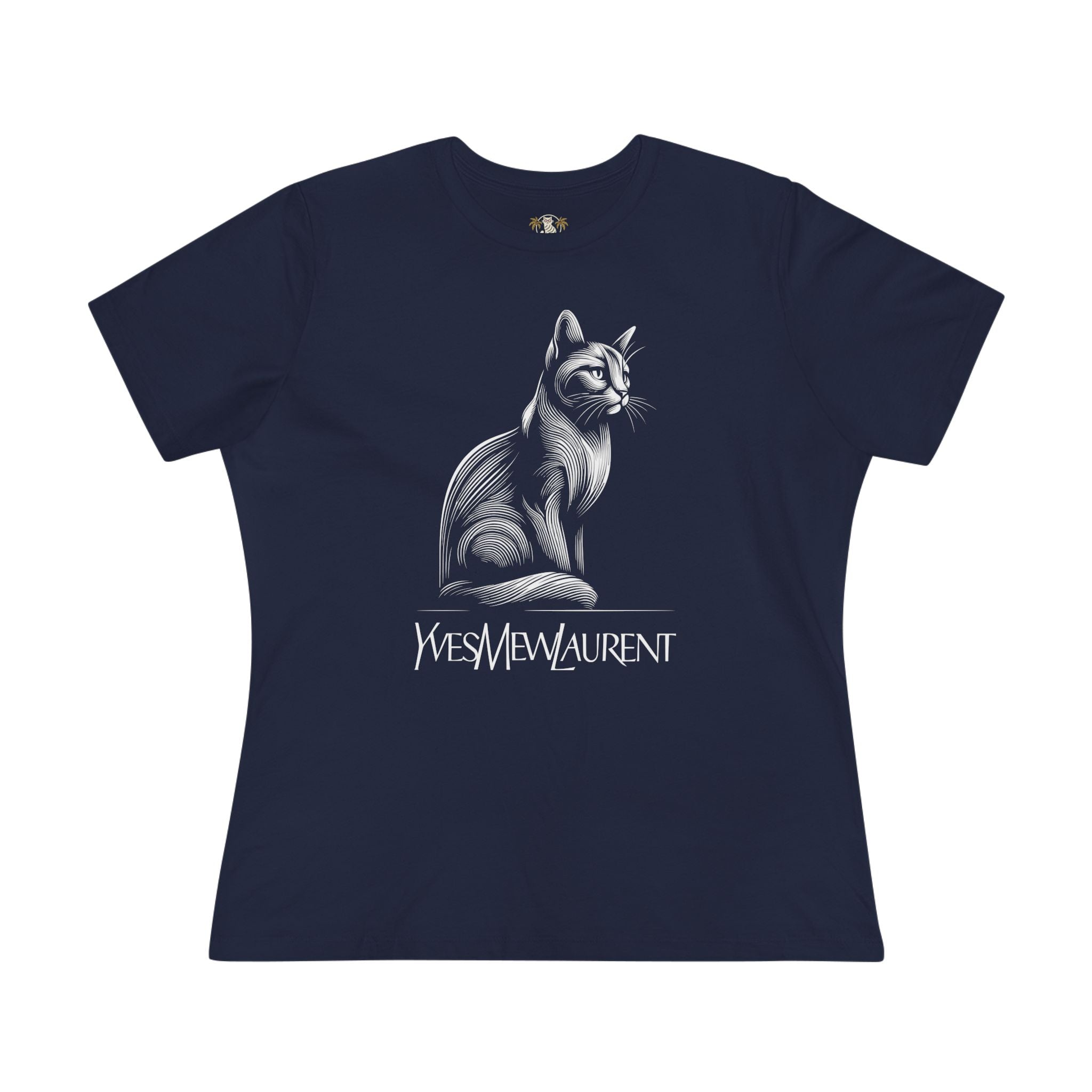 Yves Mew Laurent Elegant Line Art Cat Graphic Women's T-Shirt in navy, front view