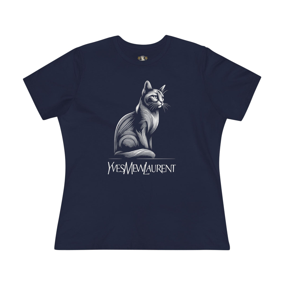 Yves Mew Laurent Elegant Line Art Cat Graphic Women's T-Shirt in navy, front view