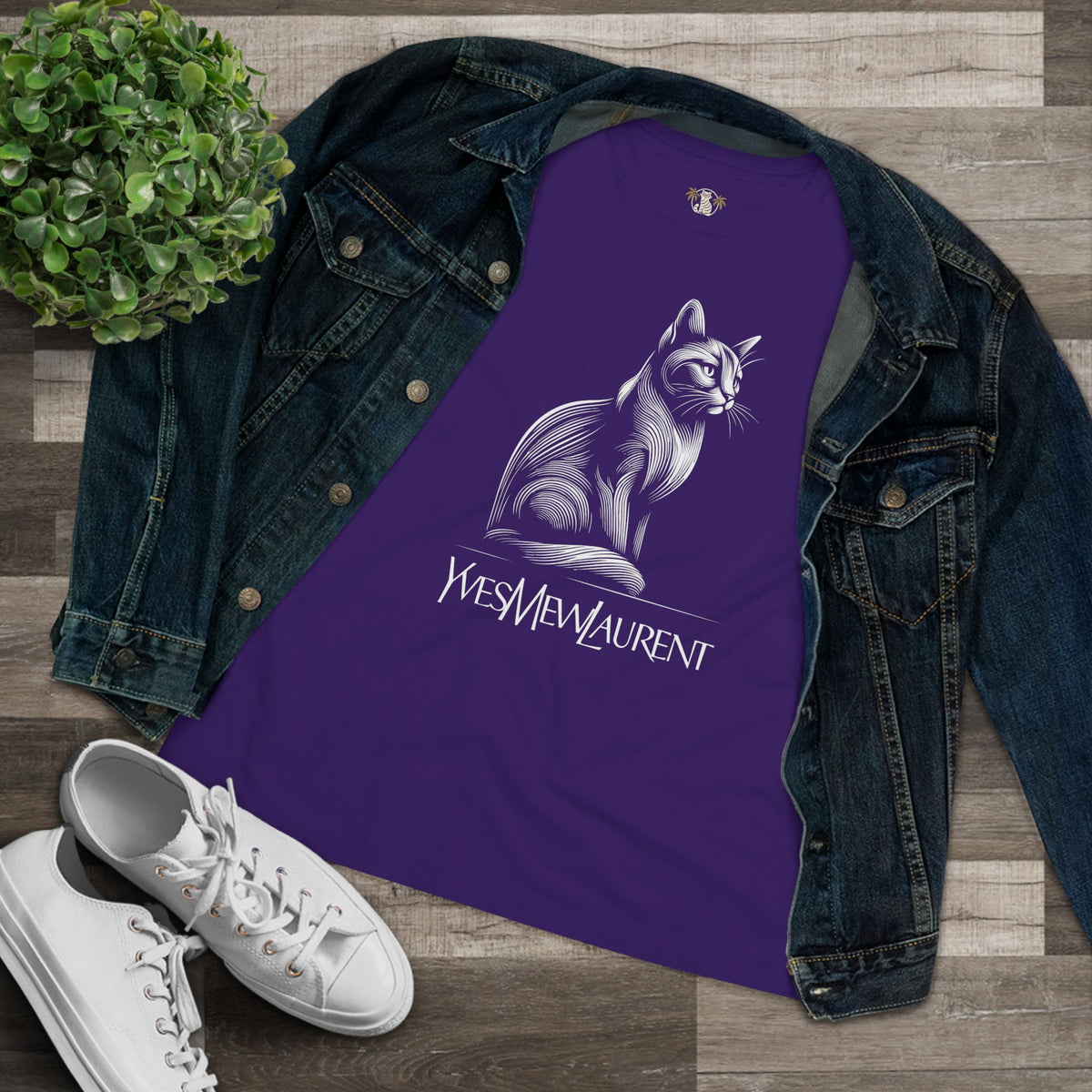 Yves Mew Laurent Elegant Line Art Cat Graphic Women's T-Shirt in team purple, flat lay