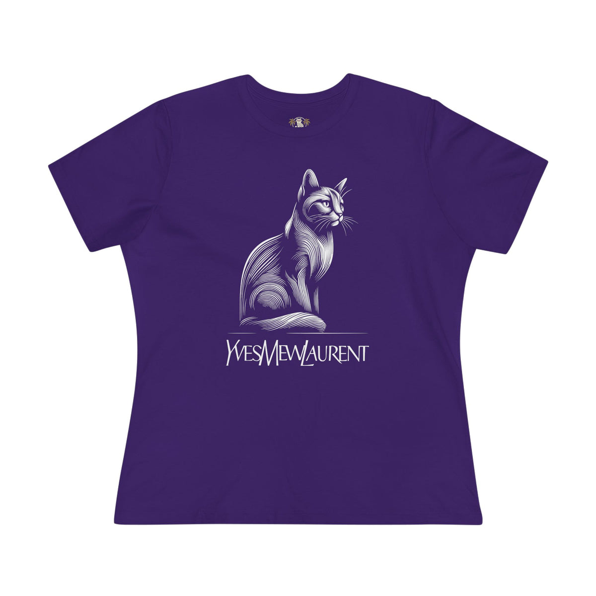 Yves Mew Laurent Elegant Line Art Cat Graphic Women's T-Shirt in team purple, front view