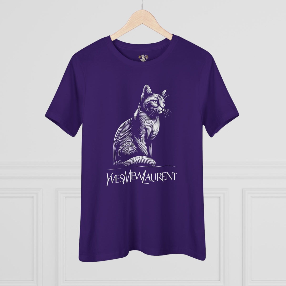 Yves Mew Laurent Elegant Line Art Cat Graphic Women's T-Shirt in team purple, on a hanger