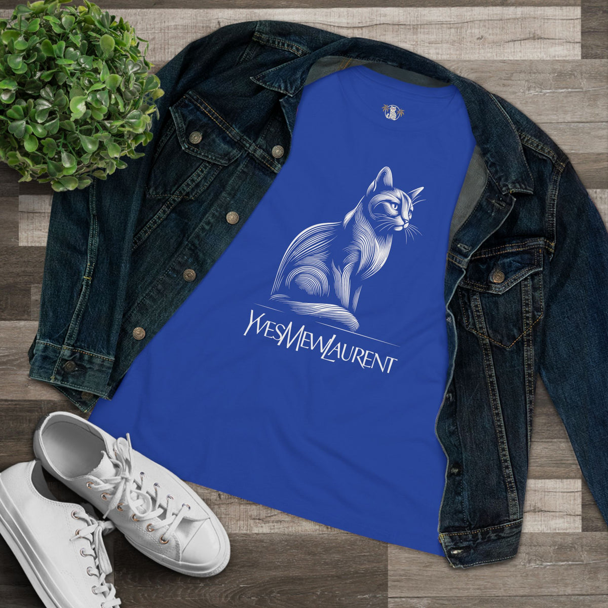 Yves Mew Laurent Elegant Line Art Cat Graphic Women's T-Shirt in true royal, flat lay