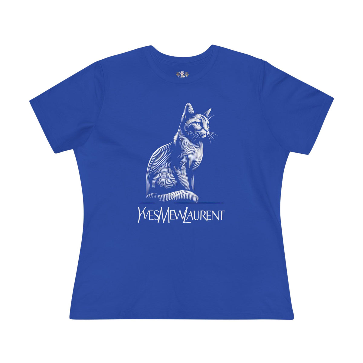 Yves Mew Laurent Elegant Line Art Cat Graphic Women's T-Shirt in true royal, front view
