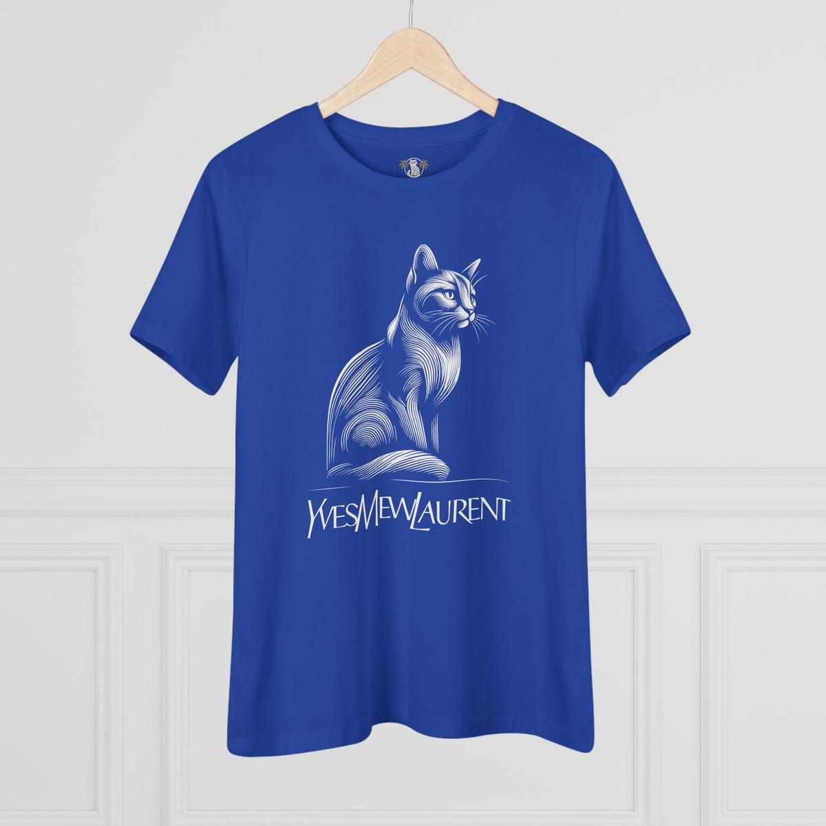 Yves Mew Laurent Elegant Line Art Cat Graphic Women's T-Shirt in true royal, on a hanger