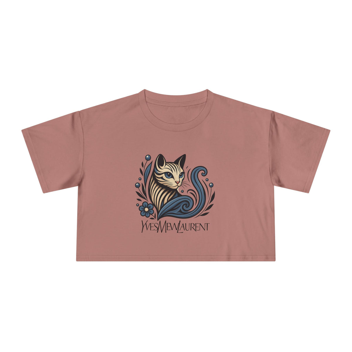 Yves Mew Laurent Floral Cat Art Women's Cropped T-Shirt in hazy pink, front view