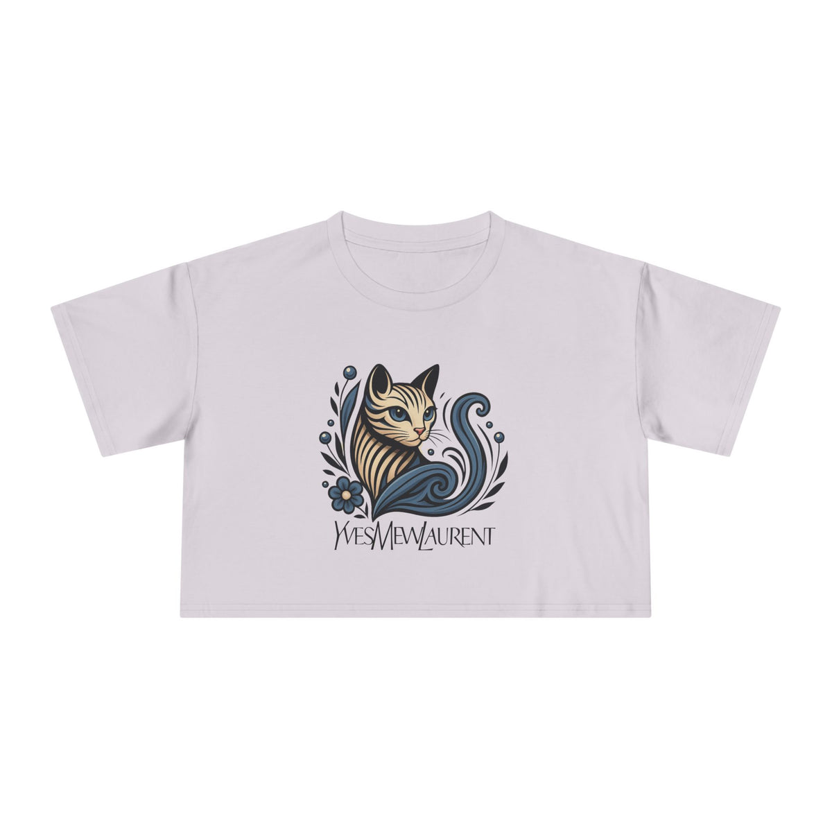 Yves Mew Laurent Floral Cat Art Women's Cropped T-Shirt in orchid, front view