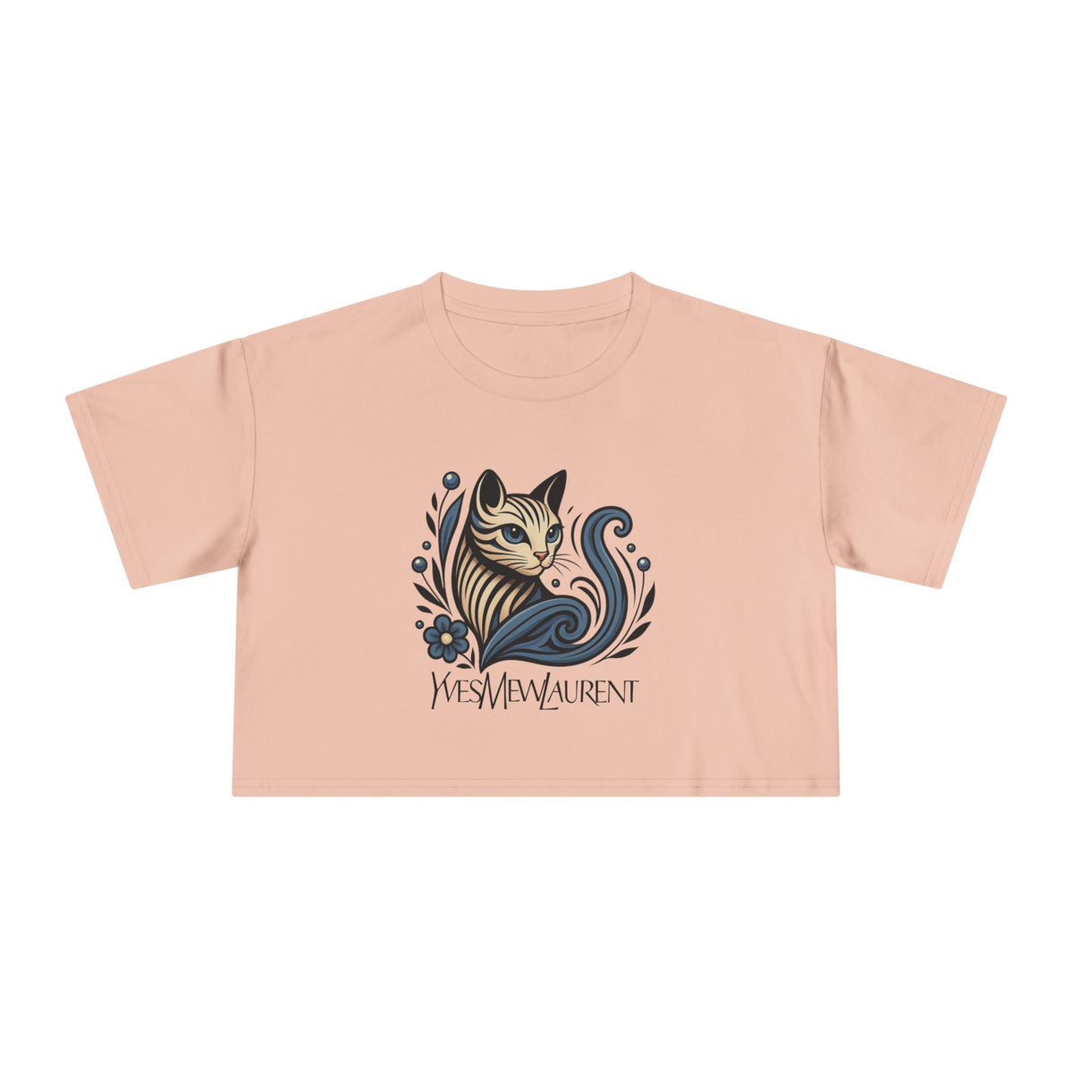 Yves Mew Laurent Floral Cat Art Women's Cropped T-Shirt in pale pink, front view